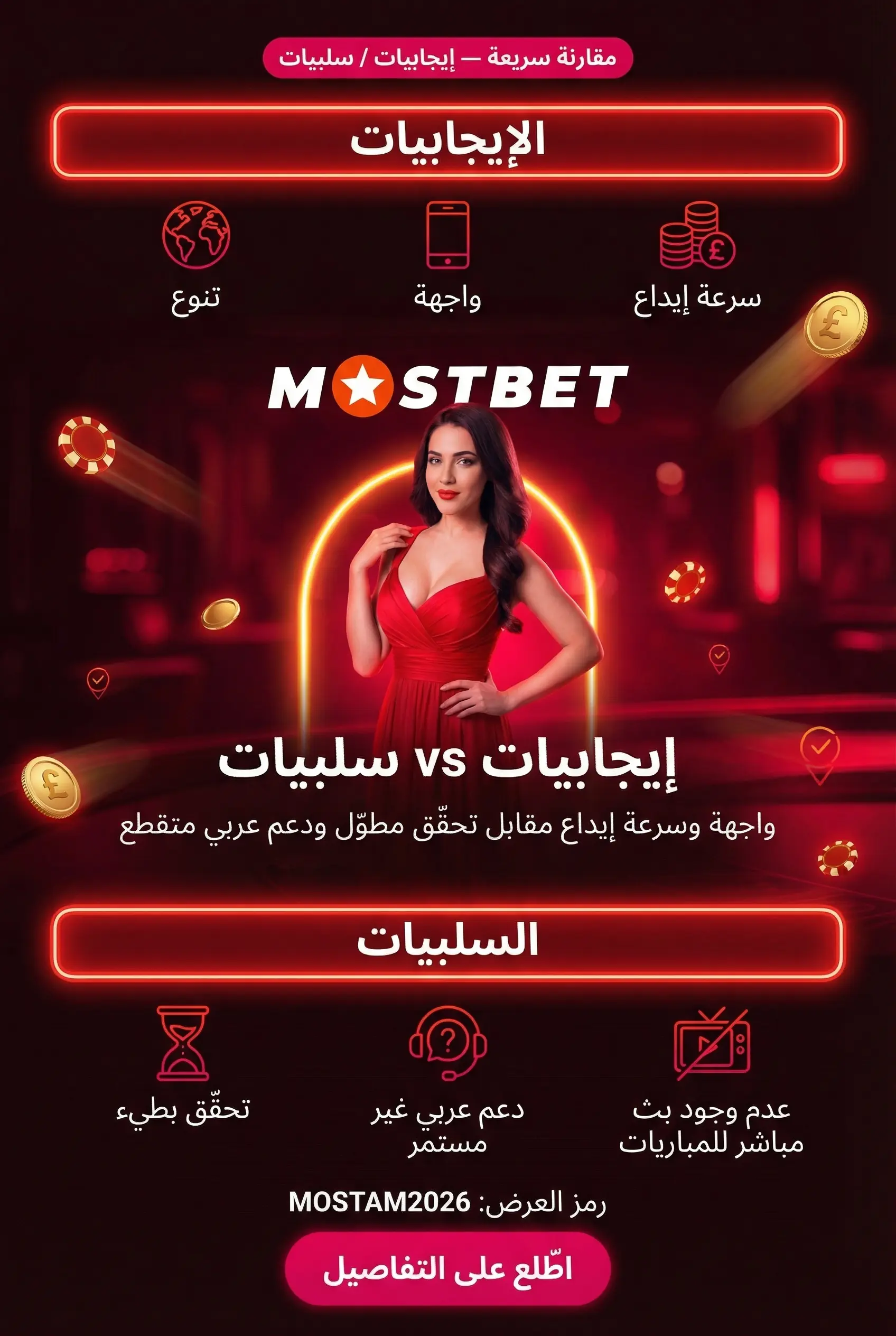 الإيجابيات والسلبيات في Mostbet